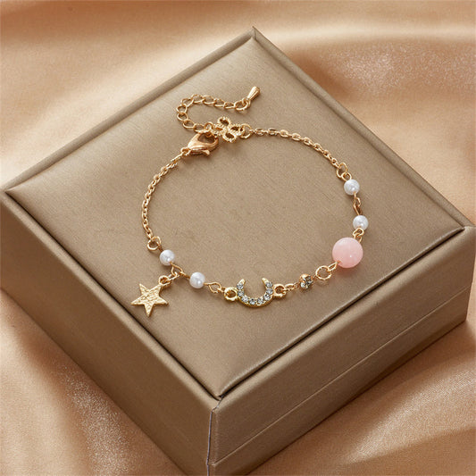 Japan Korea Star Moon Armband För Kvinnor Flickor Mode Rosa Crystal Pearl Chain Armband Grossist Designer Smycken Party Present